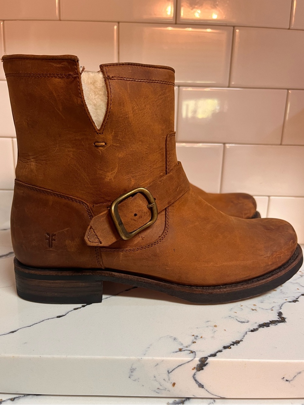 Frye Veronica Shearling Ankle Booties Cognac Women’s 8.5